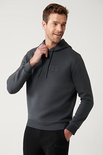 Avva Men's Anthracite 3 Thread Printed Hooded Sweatshirt - A32Y1240