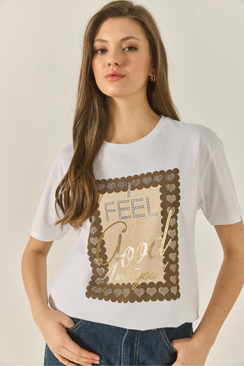 Bianco Lucci Damen-T-Shirt aus Baumwolle mit kurzärmeligem Rundhalsausschnitt und Alufolienmuster mit Steindetails 60283309