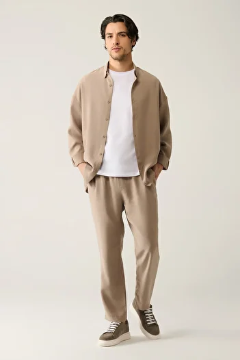 Avva Men's Beige Relaxed Fit Soft Touch Side Pocket Elastic Waist Trousers A41Y3031