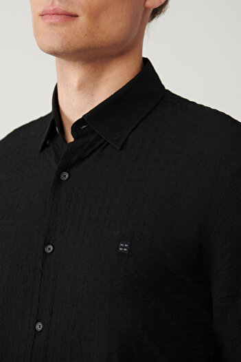 Avva Men's Black Bottomed Brit Collar Waffle Shirt A41Y2060