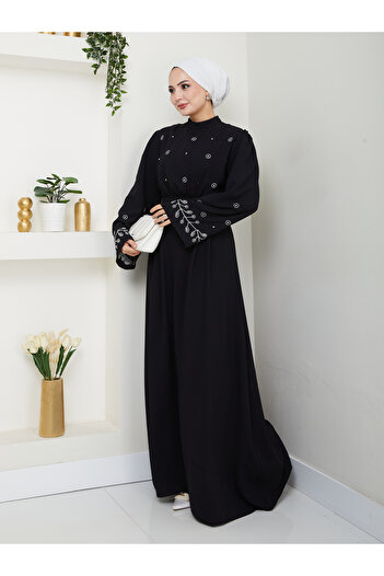 EFSUN MODA KADIN TESETTÜR NAKİŞLİ ELBİSE BALAMALI