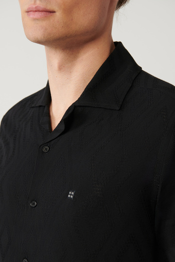 Avva Men's Black Apaj Collar Short Sleeve Textured Shirt A41Y2092