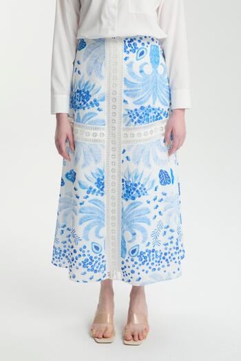 Zühre Striped Detailed Patterned Blue Skirt Etk-0187