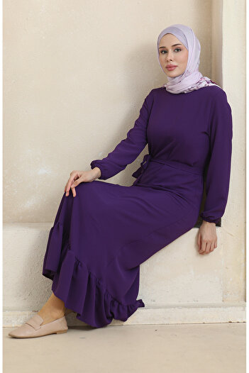 sefamerve Purple Elastic Sleeve Belted Dress - 1015-04