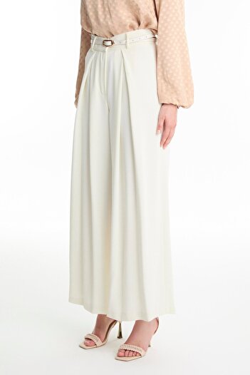 Zühre Belt Detailed Wide Leg Ecru Trousers P-0222