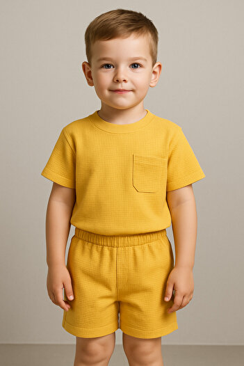 Bubito Waffle Visual Pocket Detailed Cotton Summer Baby Kids Shorts Set-Brown