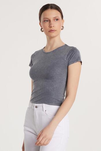 Tudors Women's Slim Fit Slim Fit Plain Basic Crew Neck Gray T-Shirt