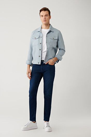 Avva Men's Berlin Slim Fit Navy Blue Distressed Washed Stretch Jeans B003525