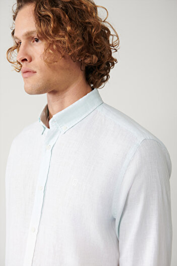 Avva Men's Light Blue Buttoned Collar 100% Linen Shirt A41Y2195