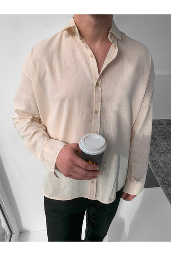 NO1 KONSEPT Beige Oversize Crinkle Linen Shirt