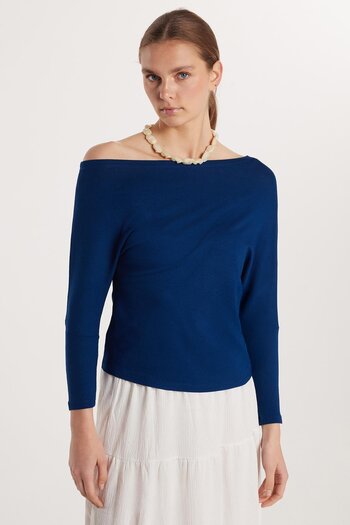 Tudors Women's Slim Fit Boat Neck Shoulder Detailed Indigo Blouse
