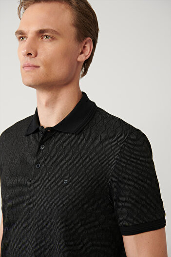 Avva Men's Black 3-Button Jacquard Polo Collar T-Shirt A41Y1051