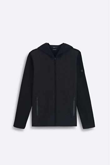 Avva Black Men's Wool Cardigan - Hooded, Zippered, Tech Fabric Detail A32Y6058