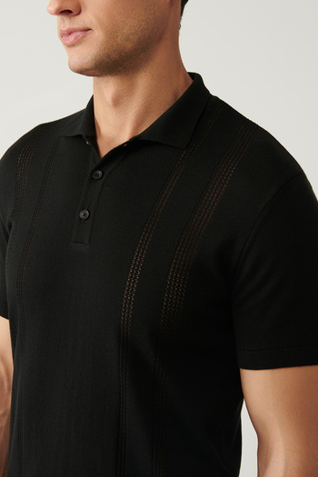 Avva Men's Black 3-Button Openwork Polo Neck Knitwear T-Shirt A41Y5096