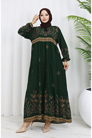 sefamerve Emerald Green Viscose Dress - Plus Size, Floral Pattern 4084-06