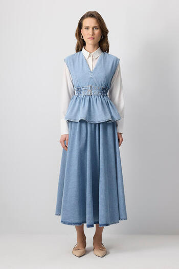 Touché Privé Double Belt Vest Skirt Denim Set