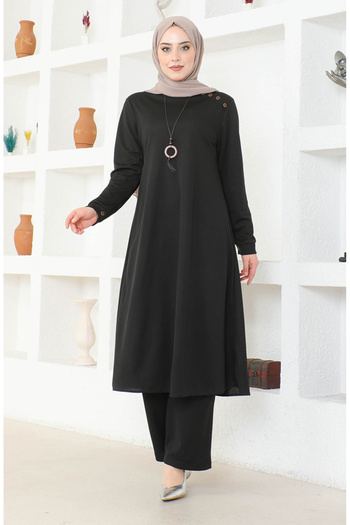 sefamerve Black Necklace Tunic and Trousers Set - 0580-01