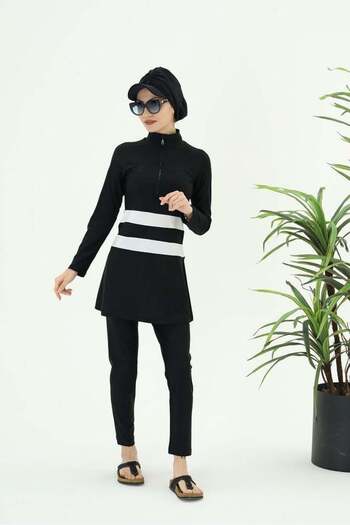NS Tasarım Tesettür Mayo Golf White Stripe Black Design Hijab Double Swimsuit Set