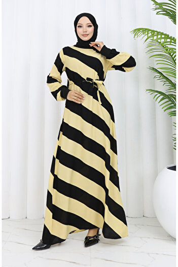 sefamerve Viscose Geometric Patterned Belted Dress - Black Yellow 0460-04