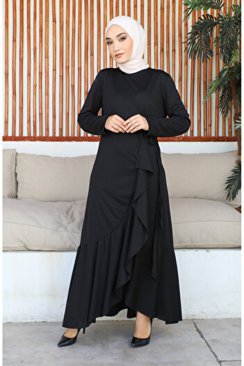 sefamerve 1907-07 Black Flounce Side Tie Dress