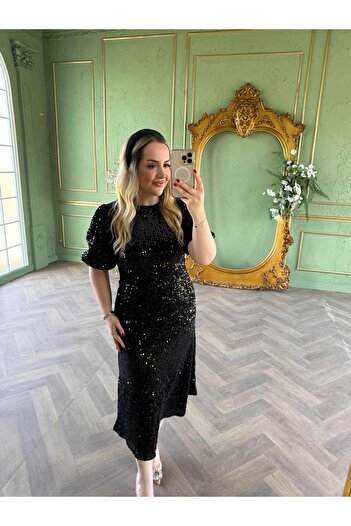 Byelifdursun Sandra Payet Balon Kol Midi Tasarım Payet Elbise Siyah