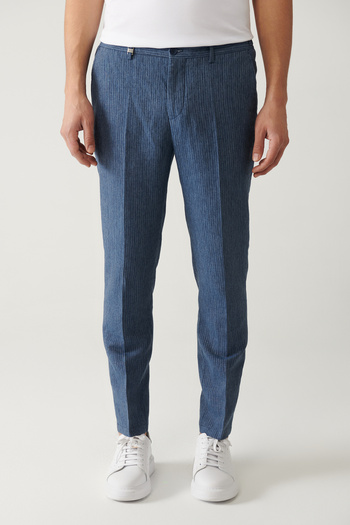 Avva Men's Blue Relaxed Fit Elastic Waist Linen Blend Linen Touch Suit Pants A41Y3260