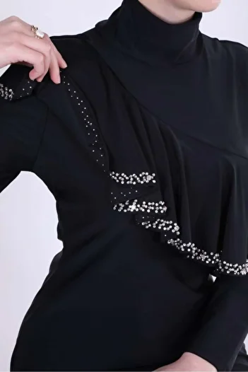 NS Tasarım Tesettür Mayo Swimsuit with Stones on the Shoulder - Black