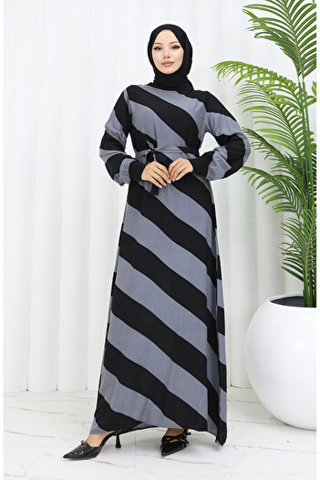 sefamerve Viscose Gray Black Dress - Geometric Pattern and Belted 0460-06