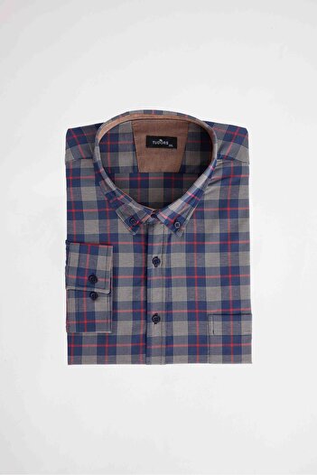 Tudors Men's Big Size Large Size Buttoned Collar Small Checkered Cotton Shirt