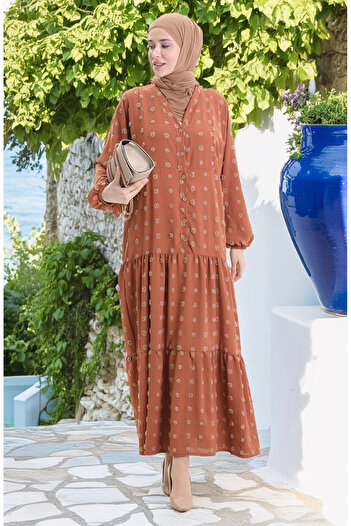 sefamerve Viscose fabric half button dress 0062-02 tile