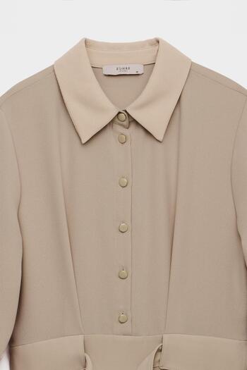 Zühre Button Detailed Pleated Long Beige Dress E-0441