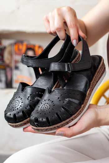 Adım Adım Women's Genuine Leather Orthopedic Black Sandals