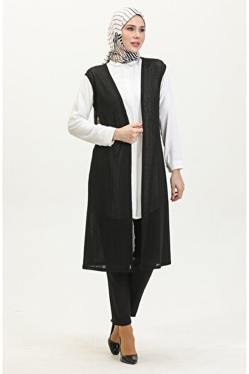 sefamerve Large Size Draped Long Seasonal Vest 8739-04 Black