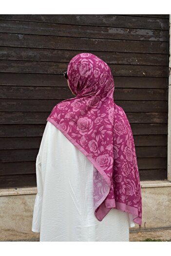 Qalortex Scarf Βαμβακερό μαλακό σάλι με σχέδιο ροζά-λιλιά