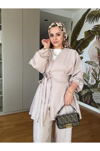 Aselim Hijap Moda Side Tie Waist Cinch Pleated Modal Woven Suit Beige