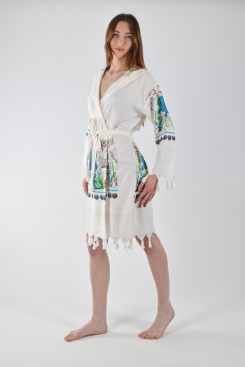 REİNA TEKS Viscon Pareo Kimono Cotton Printed Belted 1 Piece Unisex Turtle Pattern Peshtemal Bathrobe