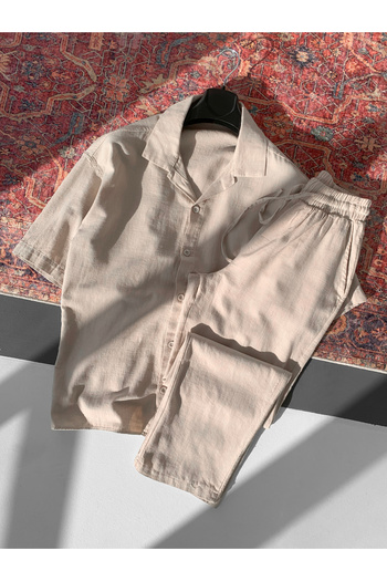 NO1 KONSEPT Beige Linen Cotton Comfortable Fit Shirt Pants Set
