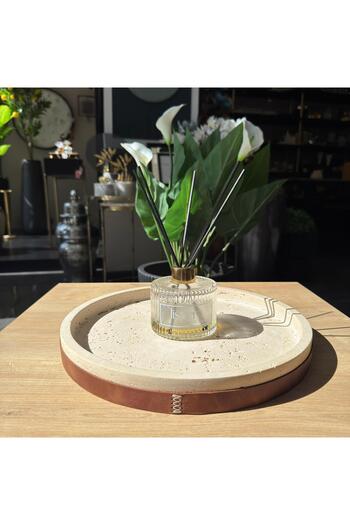 LİSPERA Travertine Marble Round Presentation Stand with Leather Decor, Travertine Round Presentation Stand, Luxury Home Office Gift