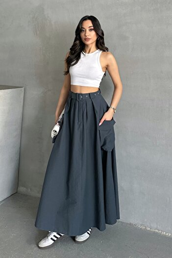 MD trend Women's Belted Big Pocket Detailed Skirt