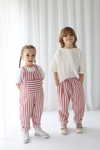 Catz Kids Girl's Red and White Striped Linen Suspender Jumpsuit