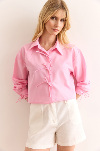 Olalook Women's Pink Lace Detailed Crop Woven Shirt Gml-19001345
