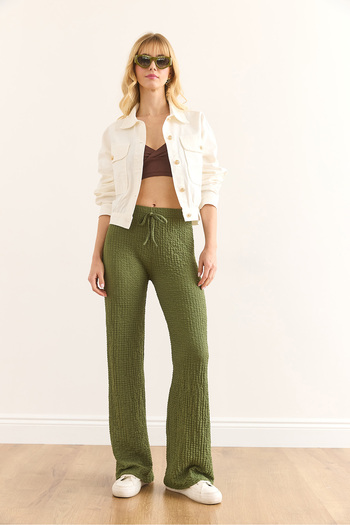 Olalook Women's Khaki Elastic Waist Textured Palazzo Trousers Pnt-19000338