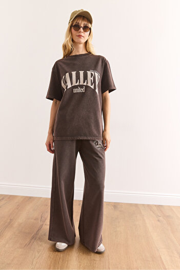 Olalook Women's Brown Valley Printed Top and Bottom Washed Cotton Tracksuit Set ETKM-0000082