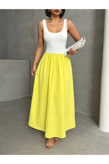 BE CHİC Women's Square Collar Thick Strap Decorated Daily Maxi Dress G4400