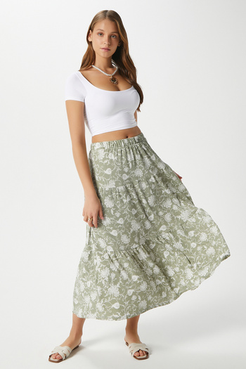 Ritnice Women's Caty Elastic Waist Khaki Cream Long Skirt