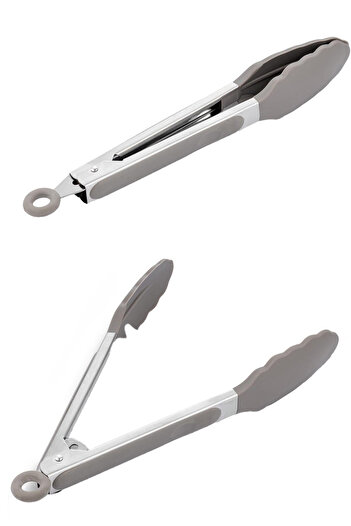 Home Cedric Metal Handle Service Tongs with Lock System and Silicone Tip Gray