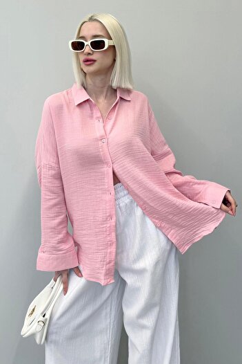 Madmext Pembe Muslin Kumaş Basic Kadın Gömlek MG1660