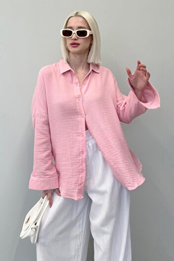 Madmext Pembe Muslin Kumaş Basic Kadın Gömlek MG1660
