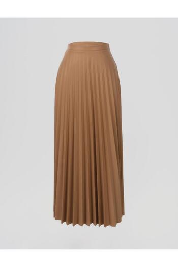 Kayra Zipper Detailed Faux Leather Pleated Skirt Beige
