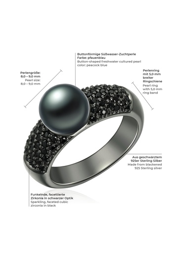 Valero Pearls Perlenring Ring Sterling Silber schwarz Süßwasser-Zuchtperle pfauenblau Zirkonia schwarz